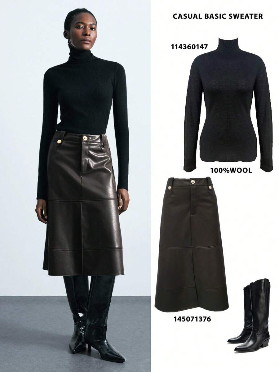 2025 都市经典黑色高领超长袖修身上衣，适合初秋、返校季、女士冬季服装，Maija 2025 秋冬女装，毛衣，万圣节服装，万圣节女装，圣诞节毛衣，黑色上衣 - 黑色 - 查看 1