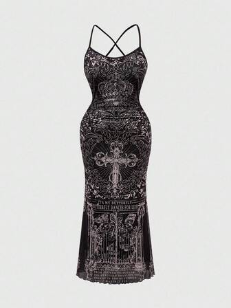 Goth Vestido de sirena de talla grande, vintage, romántico, gótico oscuro con corona cruzada en la cintura