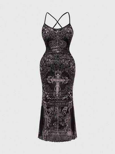 Goth Abito da sirena vintage romantico in stile gotico scuro con corona e vita alta, taglie comode