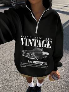 Attitoon Women's Retro Car Pattern Loose Fit Half-Zip High Neck Lightweight Pullover Sweatshirt In Fall/Winter - Black - View 6