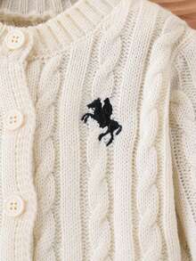 SHEIN 2pcs Baby Boy Knit Sweater Set, Cute Style Cable Knit Blue Cardigan Top Paired With Matching Jogger Pants, Smooth Texture, High Quality, Elastic, Suitable For Everyday Wear, Autumn/Winter Baby Knitted Set Baby Boy Beige Outfit Knit Two Piece Toddler Neutral Baby Clothes Unisex Baby Girl Winter Sets Baby Boy Knitted Set