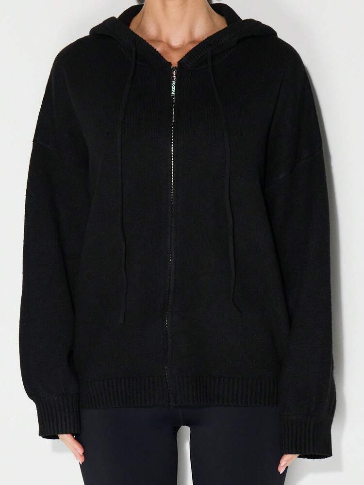 KIZN Chunky Knit Zip Up Hoodie With Drawstring For Fall Winter Casual Wear