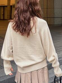 FRIFUL 女士休闲日常通勤简约纯色高领灯笼袖宽松针织衫，秋冬款 - 米色 - 查看 3