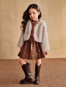 SHEIN Elladie kids Winter New Fashionable & Chic Girls Faux Fur Jacket, Tie Dye Fluffy High-End Short Thick Coat Fall
