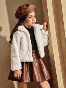 SHEIN Young Girls Beige Faux Fur Long Sleeve Stand Collar Jacket, Fashionable, Warm, Versatile, Comfortable Winter Children Short Coat Fall - White - View 5
