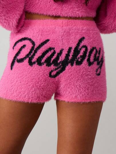 Missguided x Playboy Fuzzy Knit Shorts With Logo High Waist Cozy Winter Lounge Shorts