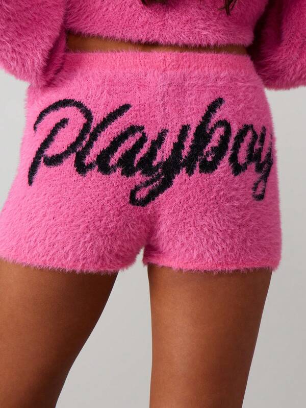 Missguided x Playboy Fuzzy Knit Shorts With Logo High Waist Cozy Winter Lounge Shorts