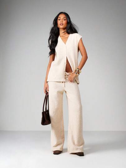 MISSGUIDED Conjunto de punto de chaqueta con botones y pantalón de pierna ancha para mujer, ropa de estar cómoda para otoño e invierno