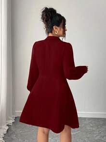 Elenzga 大码女式优雅长袖双排扣西装领连衣裙 - 酒紅色 - 查看 2