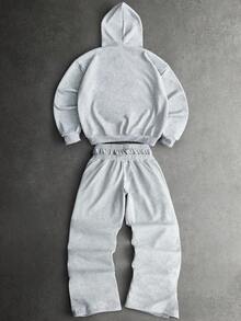 SHEIN 青少年男童秋季新品，休闲简约风，涂鸦手绘星星字母印花，运动街头风，Y2K长袖连帽衫套装，适合秋冬季穿着 - 淺灰色 - 查看 2