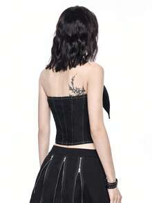 ROMWE Gothic Bat Asymmetric Collar Topstitch Design Stretchy Fitted Denim Top - Black - View 3