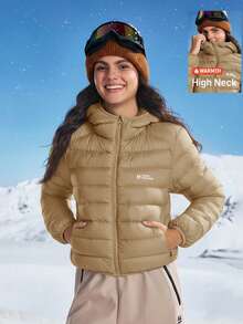 In My Nature 女士休闲字母图案拉链连帽户外羽绒服，秋冬款 - 卡其色 - 查看 5