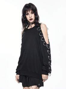 ROMWE Goth 哥特式镂空肩部金属孔眼装饰女式卫衣 - 黑色 - 查看 5