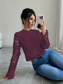 Elenzga 2025秋季新款法式时尚修身高品质蕾丝长袖短款上衣，休闲衬衫，适合通勤、度假、约会、外出、节日、花园、家庭聚会、劳动节、节日庆典、独立日、返校季、教师节、万圣节、感恩节等场合穿着。 - 酒紅色 - 查看 5