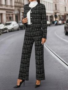 Editum 女士黑白仿粗花呢印花针织西装套装 - 黑與白 - 查看 5