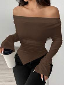 RosyDaze 圆领不对称下摆针织T恤，可不对称肩部穿着 - 棕色 - 查看 5