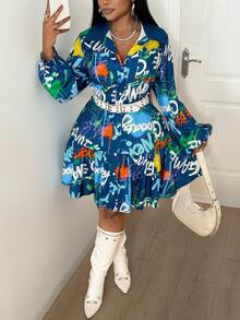 Maweii Plus Size Women Vintage Street Style Full Print Waist Cinched Dresswinter Christmas Summer Party Elegant New Year - Multicolor - View 1