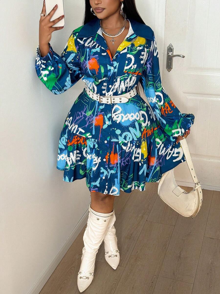 Maweii Plus Size Women Vintage Street Style Full Print Waist Cinched Dresswinter Christmas Summer Party Elegant New Year - Multicolor - View 1