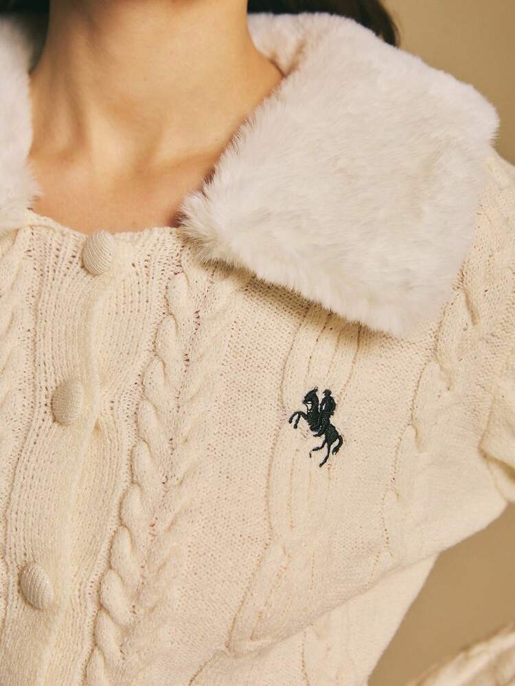 Poéselle Ivory Cable Knit Cropped Cardigan - Faux Fur Collar Button Up Sweater, Soft Cozy Knitwear For Women,New Autumn/Winter Fur Collar Slim Fit Cropped Retro Casual Cardigan For Women - Apricot - View 5