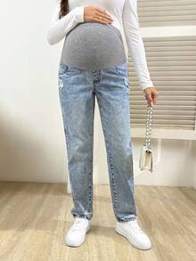 SHEIN Verstellbarer Bund, Umstandsjeans mit Rissen und lockerer Passform, lockerer Schnitt - Helle Waschung - Übersicht 6