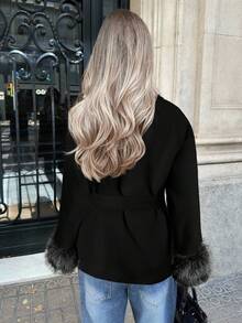 Aloruh Trendig svart överrock med fuzzy cuff, höst/vinter - Svart - Visa 2