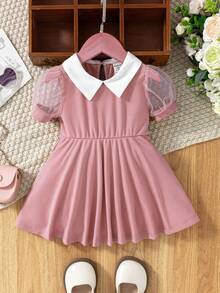 女婴黑色短袖连衣裙，独特设计，展现优雅公主风。X形腰线凸显廓形，展现迷人甜美优雅气质。经典白色撞色领口增添清新气息，使整体造型更加出众。 - 藕粉色 - 查看 3