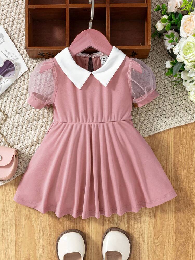 Baby Girls Black Short Sleeve Dress, Unique Design Showcasing And Elegant Princess Style. X-Shaped Waistline Accentuates The Silhouette, Displaying A Charming And Sweet Elegant. Classic White Contrast Collar Adds A Fresh Touch, Making The Overall Look More Outstanding. - Dusty Pink - View 3