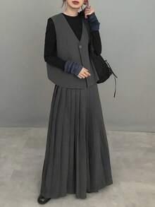 FRIFUL 女式深灰色纯色无袖上衣和百褶裙两件套，秋季