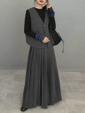 FRIFUL 女式深灰色纯色无袖上衣和百褶裙两件套，秋季