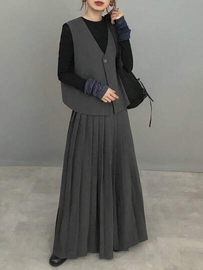 FRIFUL 女式深灰色纯色无袖上衣和百褶裙两件套，秋季