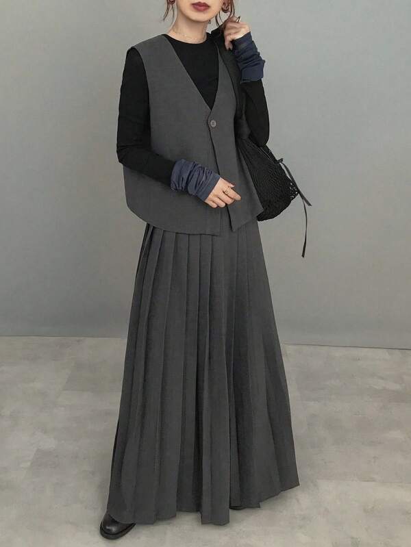 FRIFUL Women's Solid Dark Grey Sleeveless Top & Pleated Skirt 2 Pieces Set, Autumn