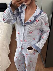 SHEIN 女士蓝色条纹蝴蝶结印花拼接撞色翻领长袖上衣和裤子睡衣套装，冬季服装 - 藍色 - 查看 3