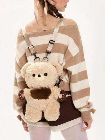 1pc Cute Kawaii Brown Plush Teddy Bear Backpack, Suitable For School, Lolita, Going To School, Shopping, Etc.