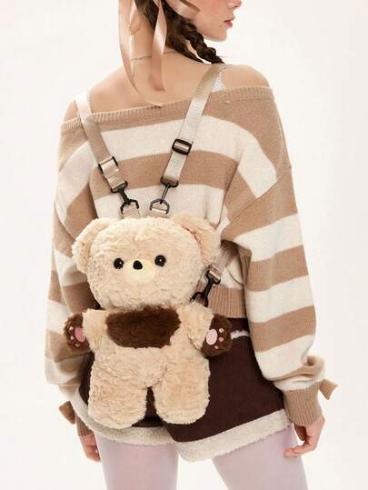 1pc Cute Kawaii Brown Plush Teddy Bear Backpack, Suitable For School, Lolita, Going To School, Shopping, Etc.