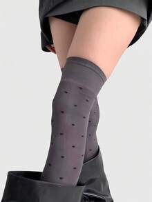 ROMWE Kawaii 1 Đôi tất dài đến gối họa tiết chấm bi Y2K Retro theo phong cách Pop Art tối giản màu xám đậm dành cho nữ, thích hợp cho đi học, thường ngày, đi làm, hẹn hò, v.v. - Màu xám đen - Xem 2