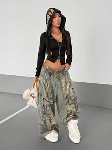 StreetHx 女式朋克风格仿金箔印花双拉链运动衫 - 黑色 - 查看 3