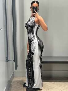 SHEIN ICON Graphic Print Split Thigh Tank Long Dress - Multicolor - View 2