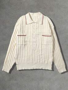 PAVTROS 男士半扣针织毛衣，Polo 领套头衫，秋冬学院风外套，带口袋，适合商务、通勤和休闲穿着 - 白色 - 查看 1