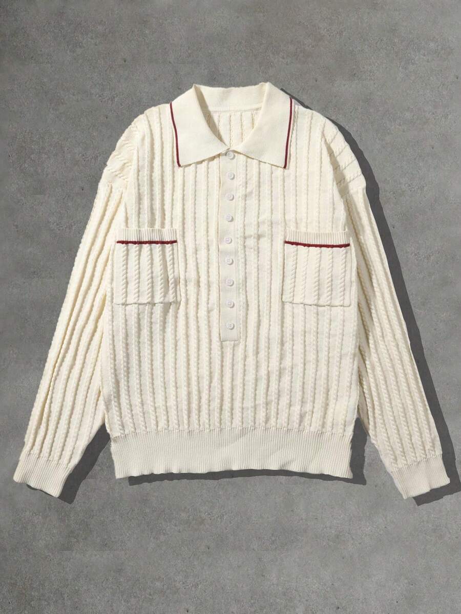 PAVTROS 男士半扣针织毛衣，Polo 领套头衫，秋冬学院风外套，带口袋，适合商务、通勤和休闲穿着 - 白色 - 查看 1