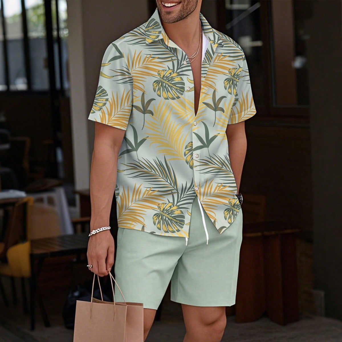 Conjunto casual de camisa de manga corta con estampado tropical de plantas hawaianas y pantalones cortos para hombres, ropa tropical de verano, atuend