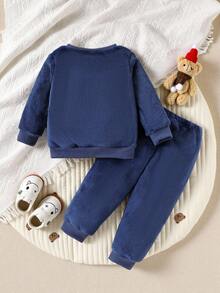 SHEIN Playful Pals Cute Round Neck Plush Baby Boy Outfit - Navy Blue - View 2