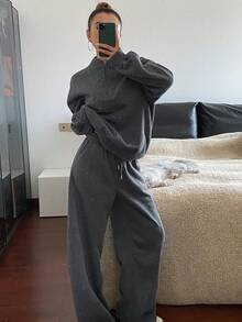 Livesso 女士亮片宽松上衣和运动裤两件套，秋冬季女士运动套装家居服套装 - 灰色 - 查看 1