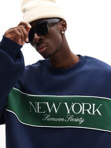SUMWON Sweat-shirt-shirt color block pour hommes avec imprimé "New York Sunwon Society" sur la poitrine, manches longues, col ras-du-cou, pull décontracté - Bleu azur - Voir 5