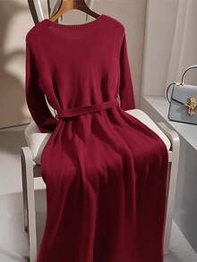 GlowEve CURVE 大码休闲纯色圆领毛衣连衣裙，秋冬季