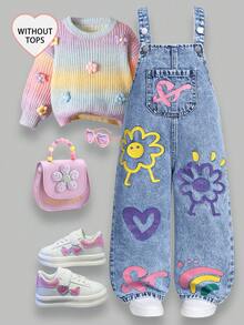 SHEIN ChillGRL 女孩年轻女孩新款碎花心形彩虹涂鸦时尚休闲柔软牛仔连体裤