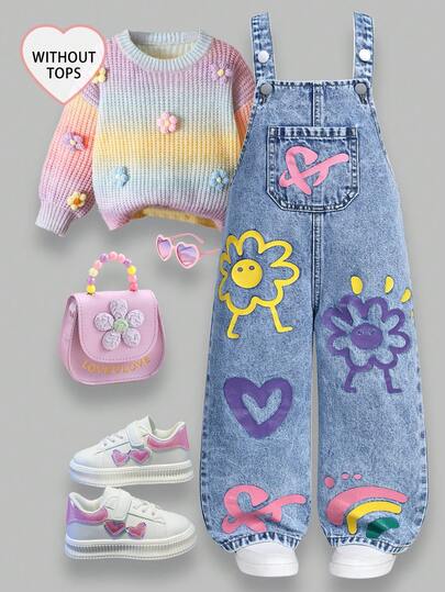 SHEIN ChillGRL Girls Young Girl New Floral Heart Rainbow Graffiti Fashion Casual Soft Denim Overall Jumpsuit Summer Holiday