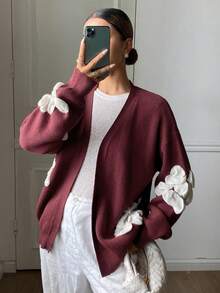 DAZY Women's Elegant Contrast Color Floral Cardigan, Autumn - Burgundy - View 1
