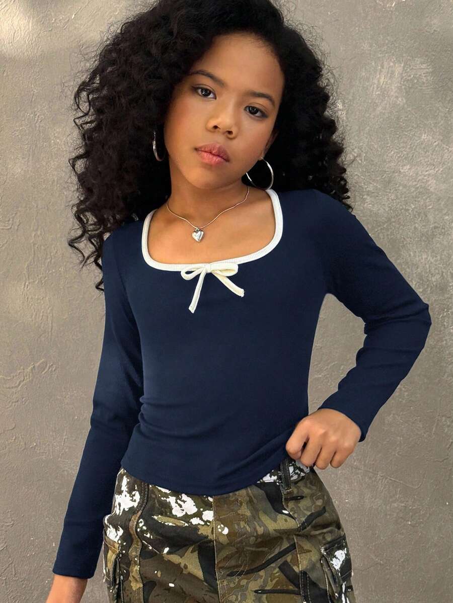 Coolane Kids Maglietta da donna aderente con fiocco in stile balletto, semplice e alla moda, adatta per uso casual e quotidiano, abbigliamento autunnale per ragazze pre-adolescenti - Blu Navy - Visualizzare 1