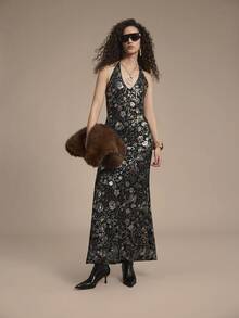 Chiquease Vestido elegante con cuello en V, bordado con lentejuelas para mujeres, adecuado para fiestas formales, cumpleaños, banquetes en otoño/invierno - Negro - Ver 5