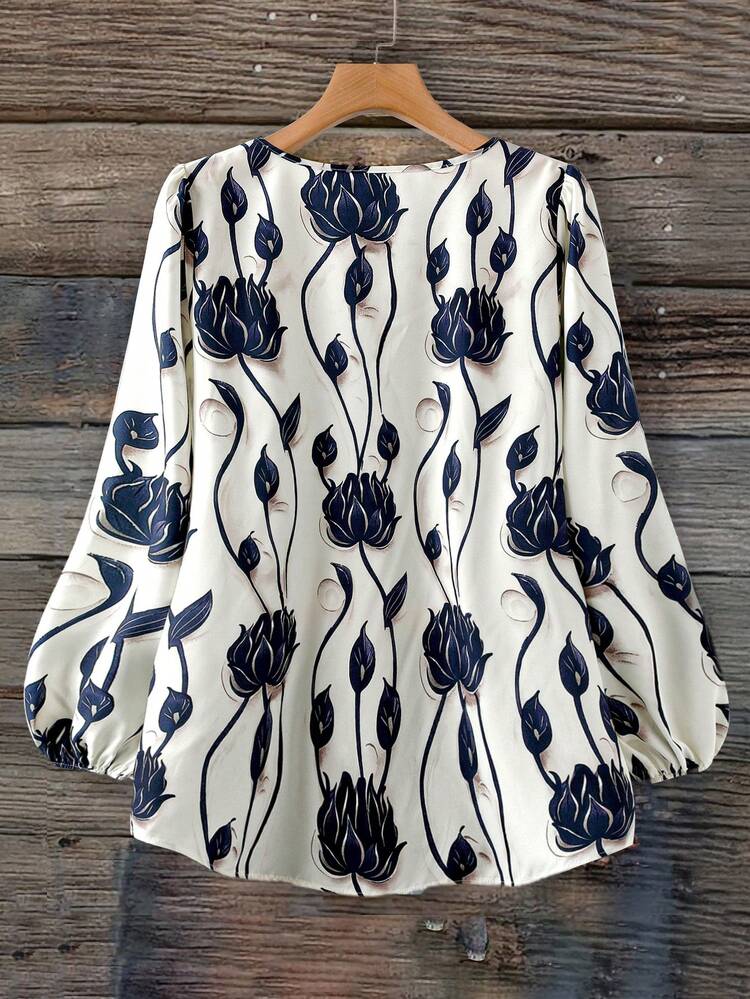 Linhara Chemisier à manches longues col rond imprimé floral pour femmes grandes tailles, chemise fleurie bleue et blanche, vêtement d'automne, chemise pour festival de musique country, chemise d'automne pour femmes, vêtements d'extérieur, nouvelle arrivée 2025 - Multicolore - Voir 2